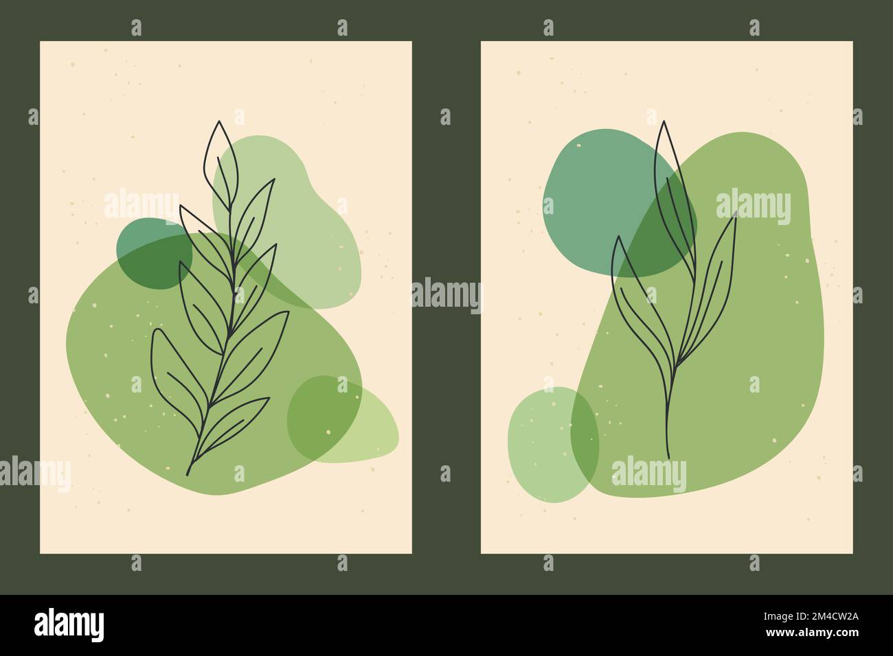 Leaves outline in green abstract shapes. Minimal and elegant botanical set in frame. Vector art Stock Vector