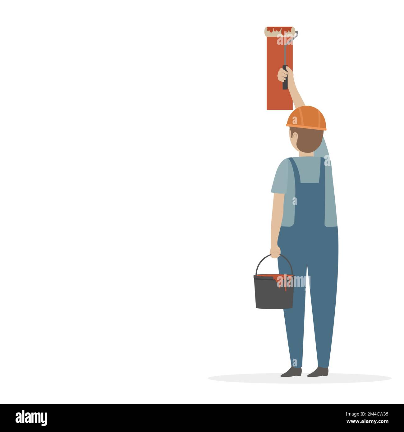 Worker painting white wall with roller. Copy space. Vector. Stock Vector