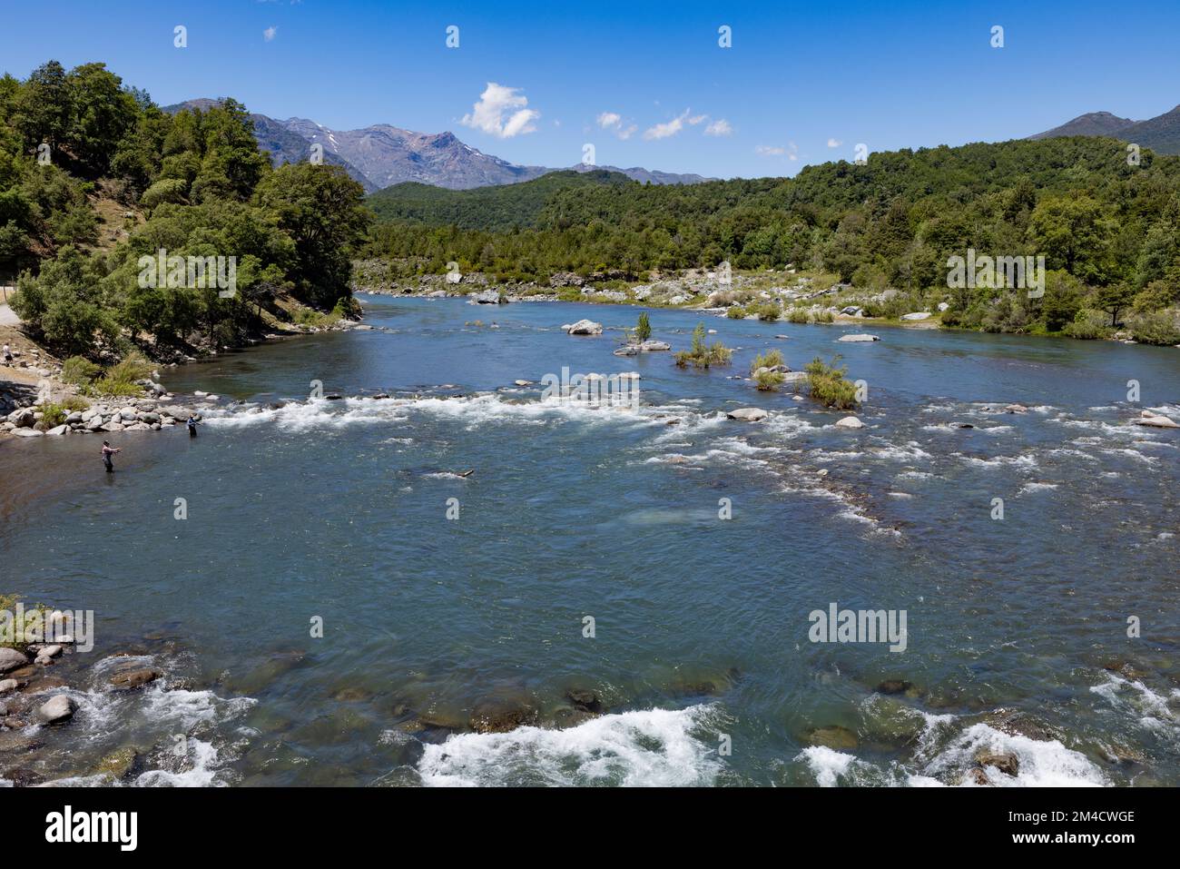 View from the Pasarela Veguillas bridge over the Nuble River at San Fabian de Alico in Maule, Chile Stock Photo