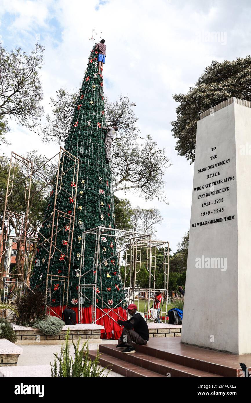 Nakuru, Kenya. 20th Dec, 2022. Workers put final touches to a tall synthetic Christmas tree installed at a recreational garden in Nakuru City ahead of the Christmas festive season. This year, Christmas is coming at a time when most parts of the country have been going through long months of dry weather and high cost of living. (Photo by James Wakibia/SOPA Images/Sipa USA) Credit: Sipa USA/Alamy Live News Stock Photo