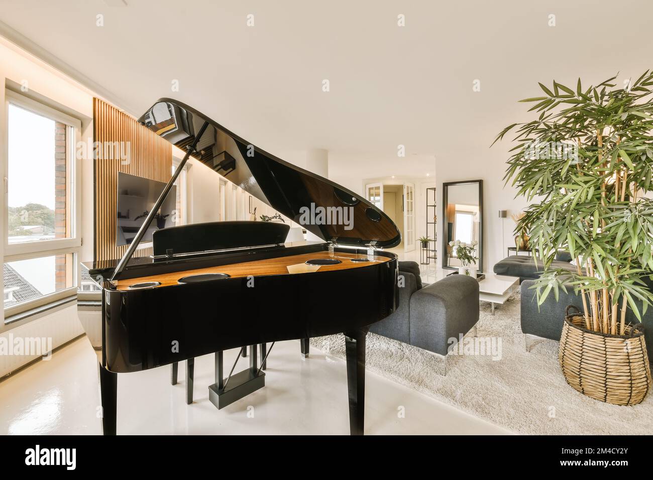 a living room with a grand piano in the center and a large pot of ...