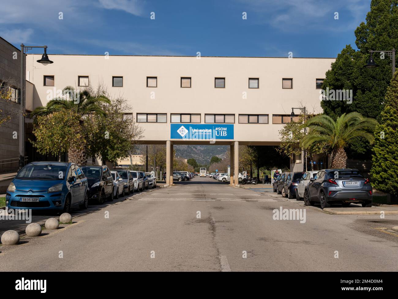 Palma de Mallorca, Spain; december 15 2022: Blue poster with white letters of the University of the Balearic Islands, Uib, a sunny morning. Island of Stock Photo