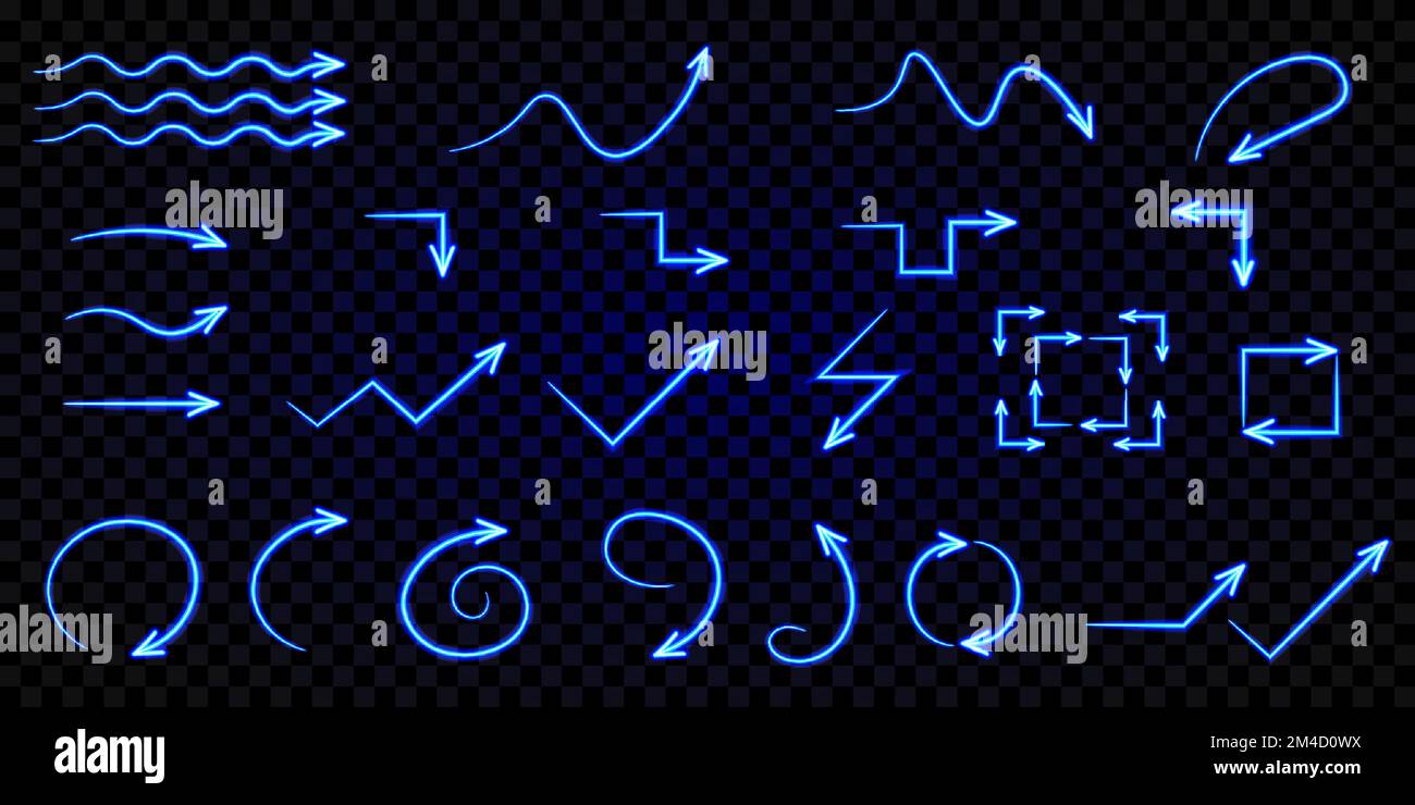 Set of vector blue glowing neon arrows. Luminous direction indicators