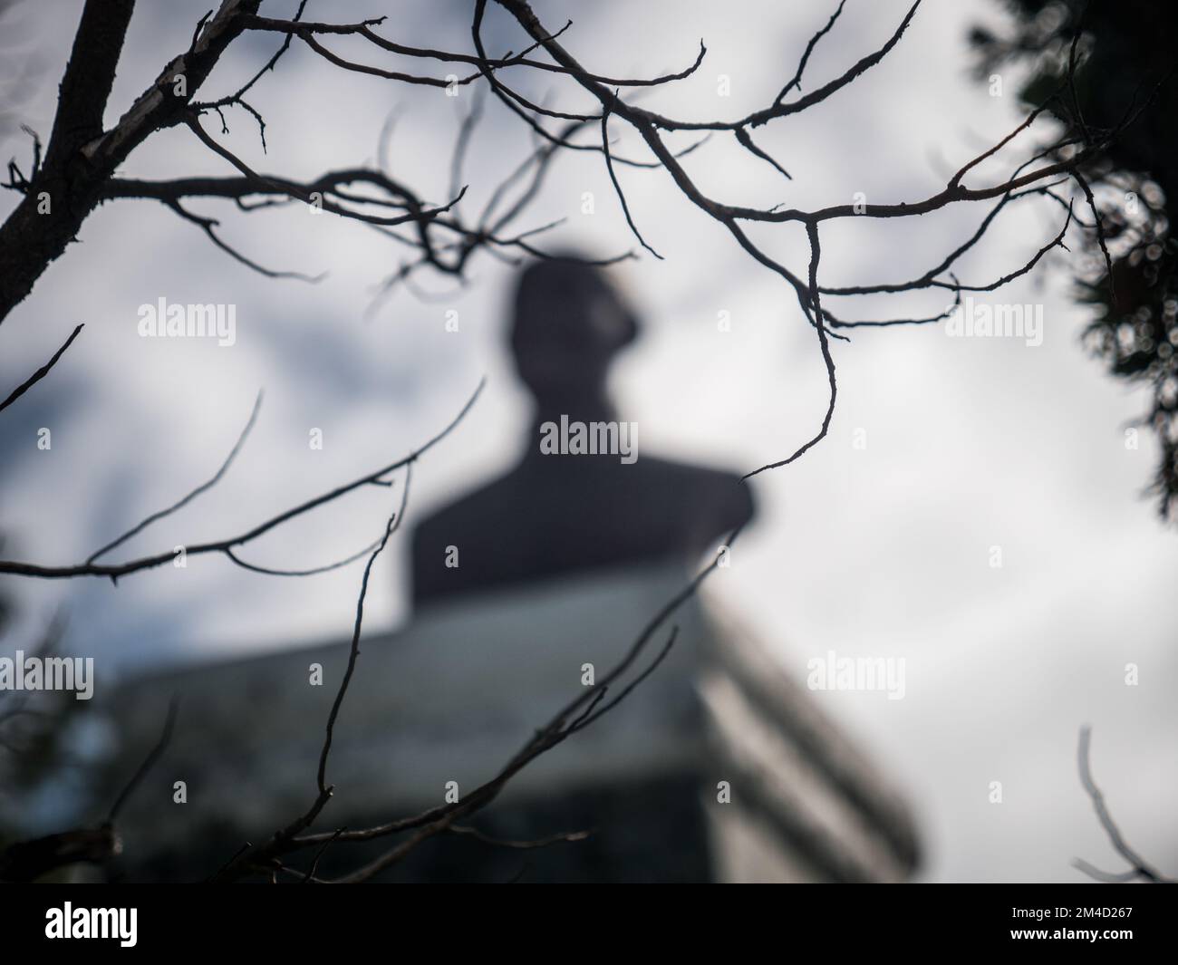 Bust of Chiang Kai-Shek in Green Island prison Taiwan, framed by branches Stock Photo