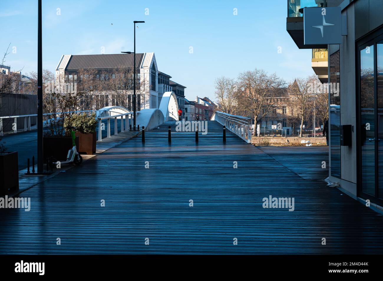 Molenbeek, Brussels Capital Region, Belgium - 12 17 2022 - The new Suzan Daniel bridge with a wooden pedestrian passway Stock Photo