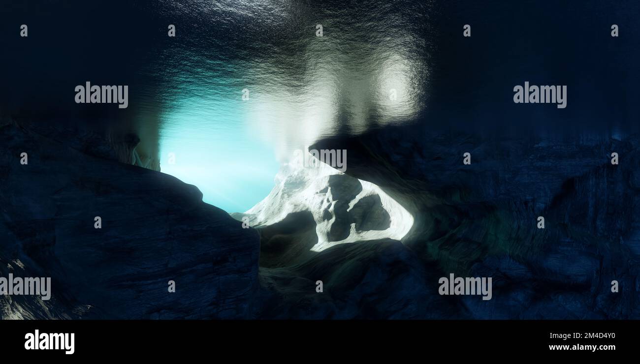 Rugged Landscape Terrain Underwater Dark Scene in cave. Lake or Ocean Water. Background Nature Stock Photo