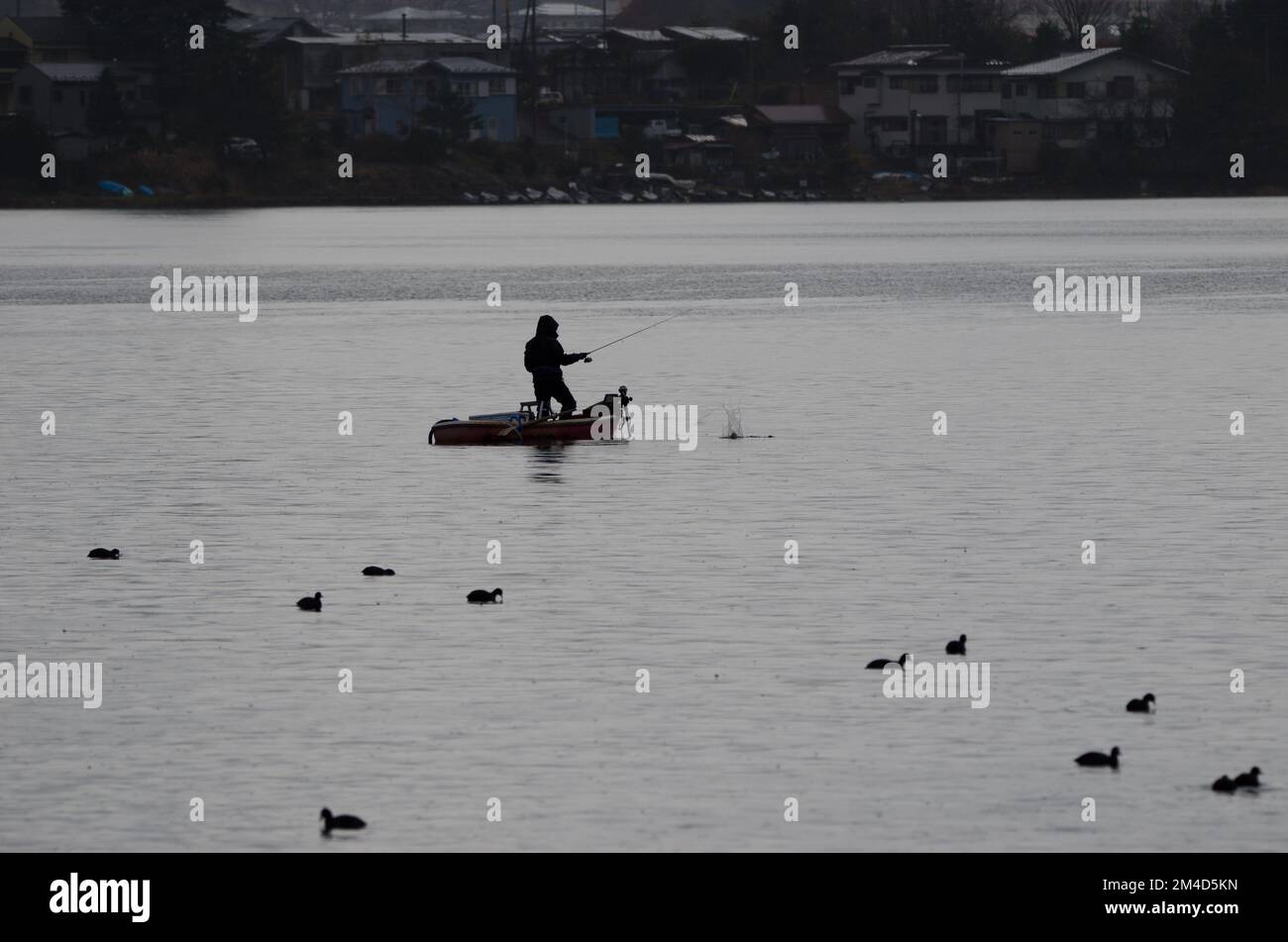 Man fishing in a boat. Lake Kawaguchi. Yamanashi Prefecture. Fuji