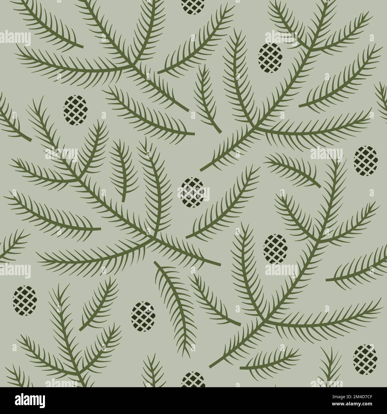Seamless pattern with coniferous branches and cones. Evergreen twigs background. Stock Vector