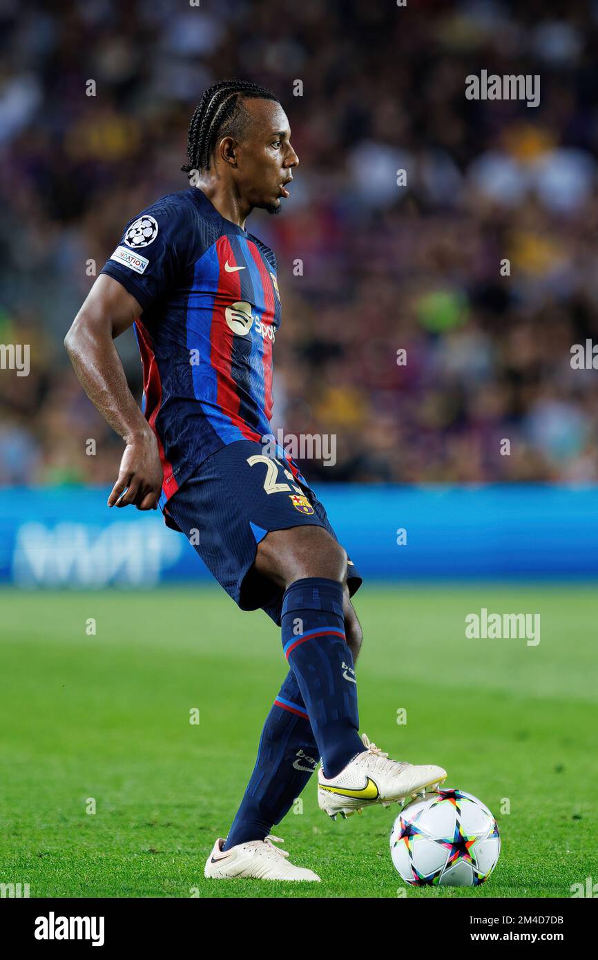 BARCELONA - SEP 7: Jules Kounde in action during the Champions League match between FC Barcelona and Viktoria Plzen at the Spotify Camp Nou Stadium on Stock Photo
