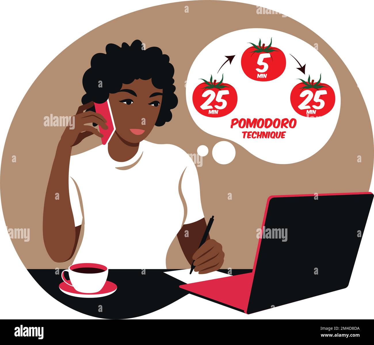 African girl manager working with computer using time management. Pomodoro technique concept. Vector. Flat. Stock Vector