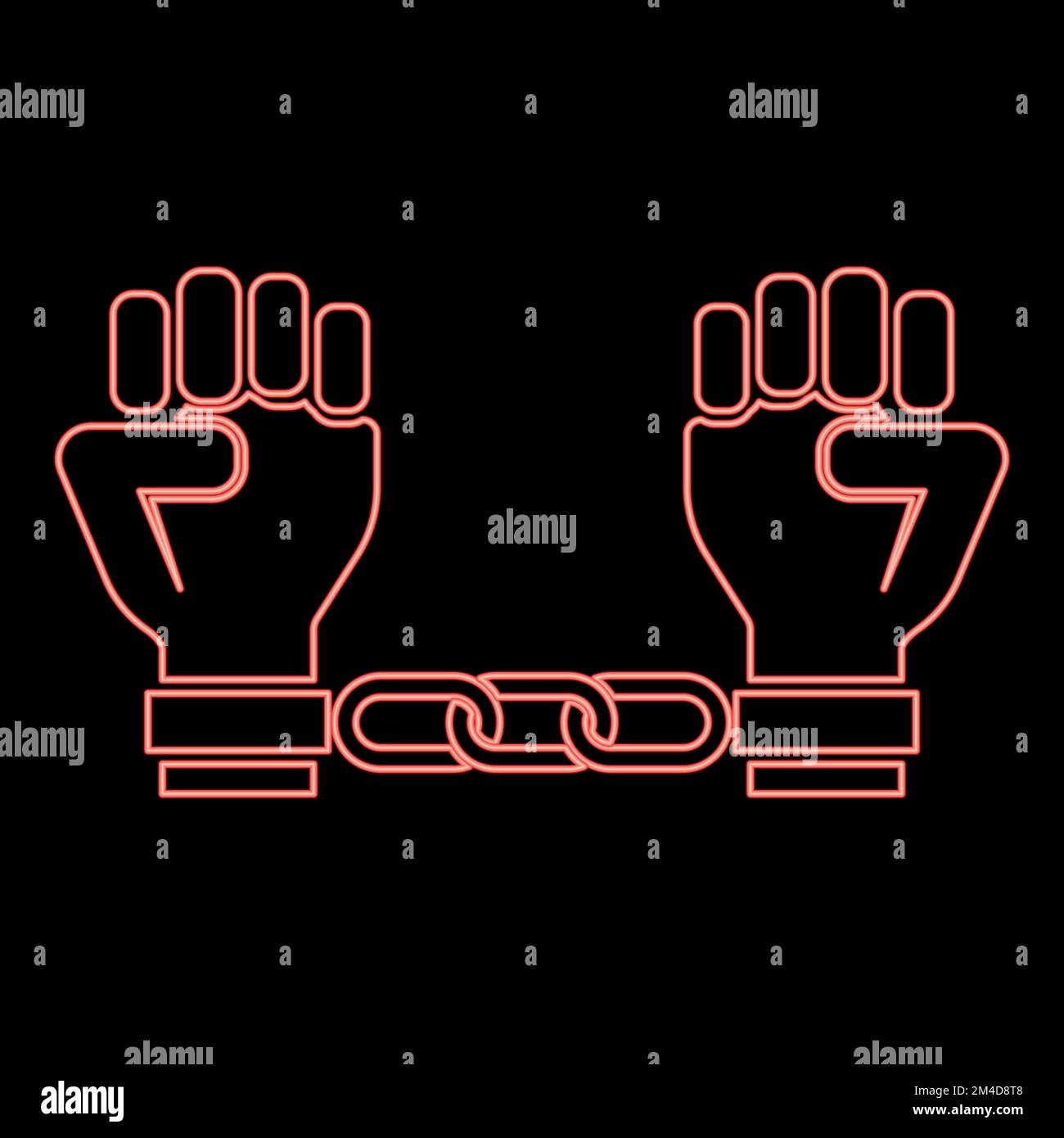 Neon handcuffed hands Chained human arms Prisoner concept Manacles on man Detention idea Fetters confine Shackles on person icon black color vector Stock Vector