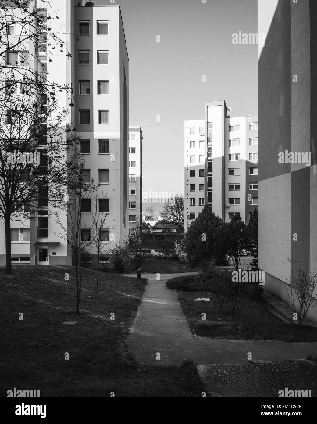 A vertical grayscale shot of the apartment buildings with yard during ...
