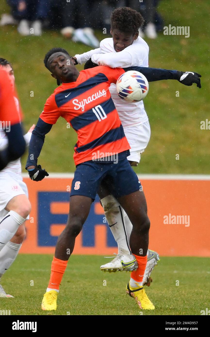 November 27, 2022: Cornell Big Red defender Andrew Johnson (29) heads the  ball against the Syracuse Orange during a third round match of the 2022  NCAA Men's Division I Soccer Championship on