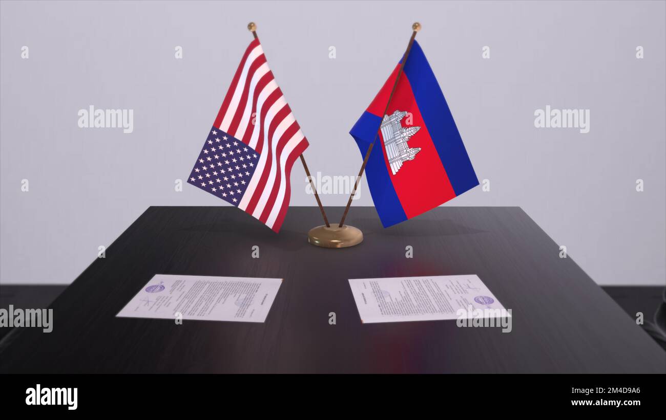 Cambodia and USA at negotiating table. Business and politics 3D illustration. National flags, diplomacy deal. International agreement. Stock Photo