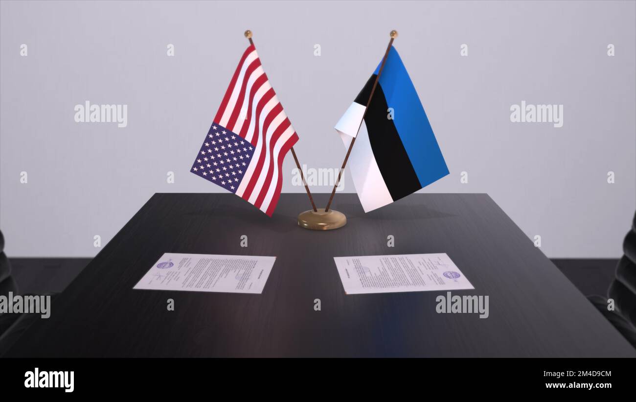 Estonia and USA at negotiating table. Business and politics 3D illustration. National flags, diplomacy deal. International agreement. Stock Photo