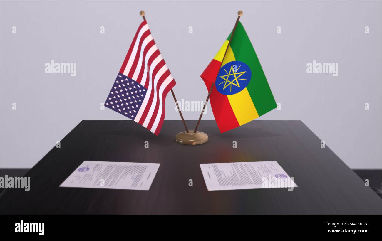 Ethiopia and USA at negotiating table. Business and politics 3D illustration. National flags, diplomacy deal. International agreement. Stock Photo