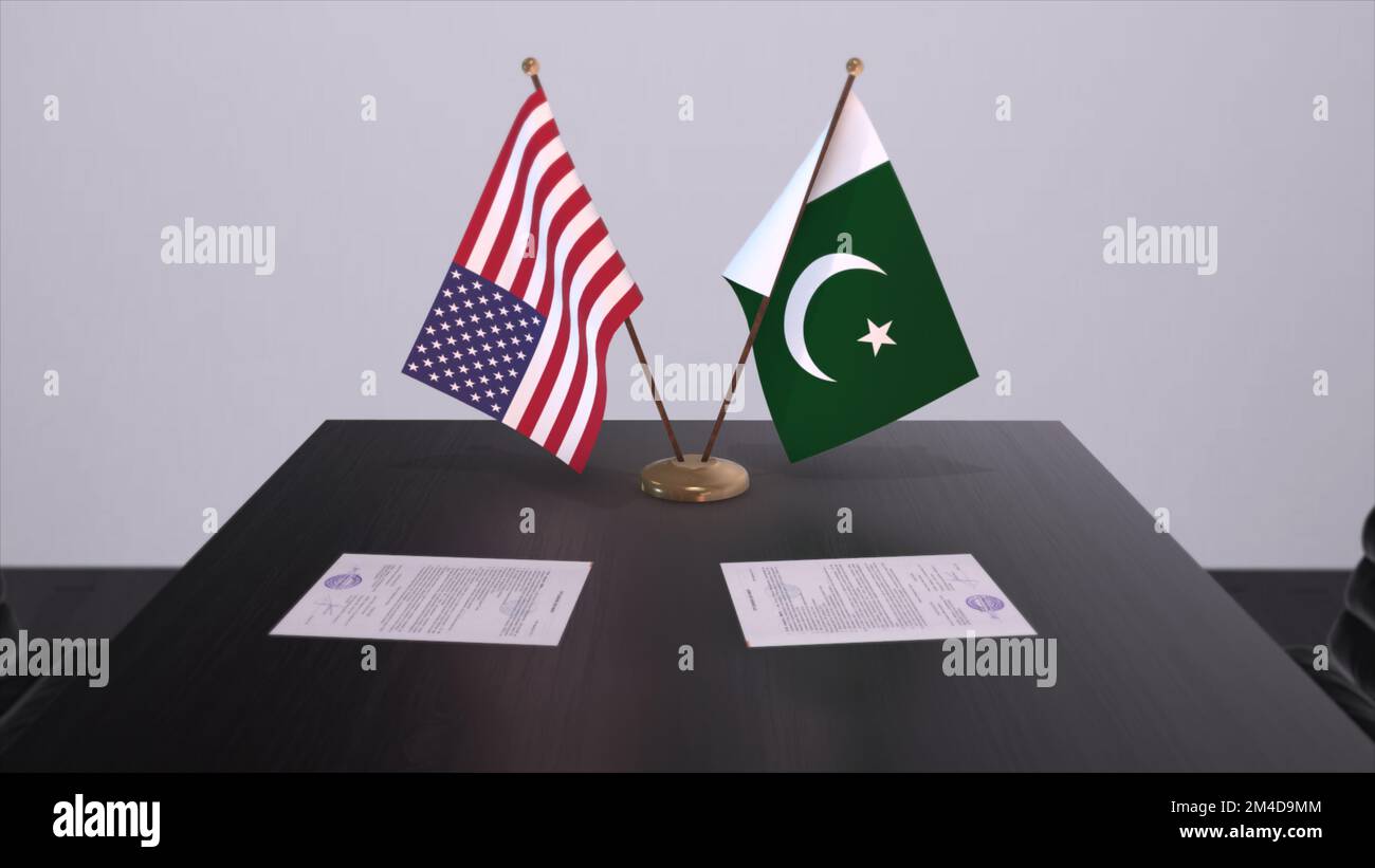 Pakistan and USA at negotiating table. Business and politics 3D illustration. National flags, diplomacy deal. International agreement. Stock Photo