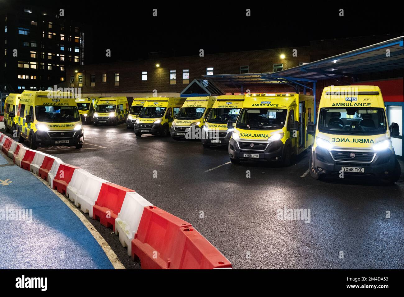 Doncaster Royal Infirmary, Doncaster, South Yorkshire, England, UK. 20th Dec, 2022. Yorkshire Ambulance Service declares 'critical incident' due to extreme pressures a day before ambulance strikes are due to begin. Pictured: Yorkshire Ambulance Service ambulances with patients on board queueing outside the Doncaster Royal Infirmary A&E department this evening Credit: Kay Roxby/Alamy Live News Stock Photo