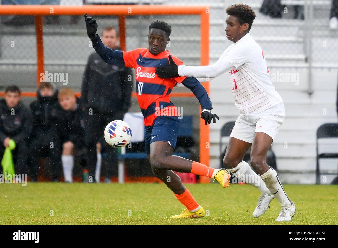 November 27, 2022: Cornell Big Red defender Andrew Johnson (29) heads the  ball against the Syracuse Orange during a third round match of the 2022  NCAA Men's Division I Soccer Championship on