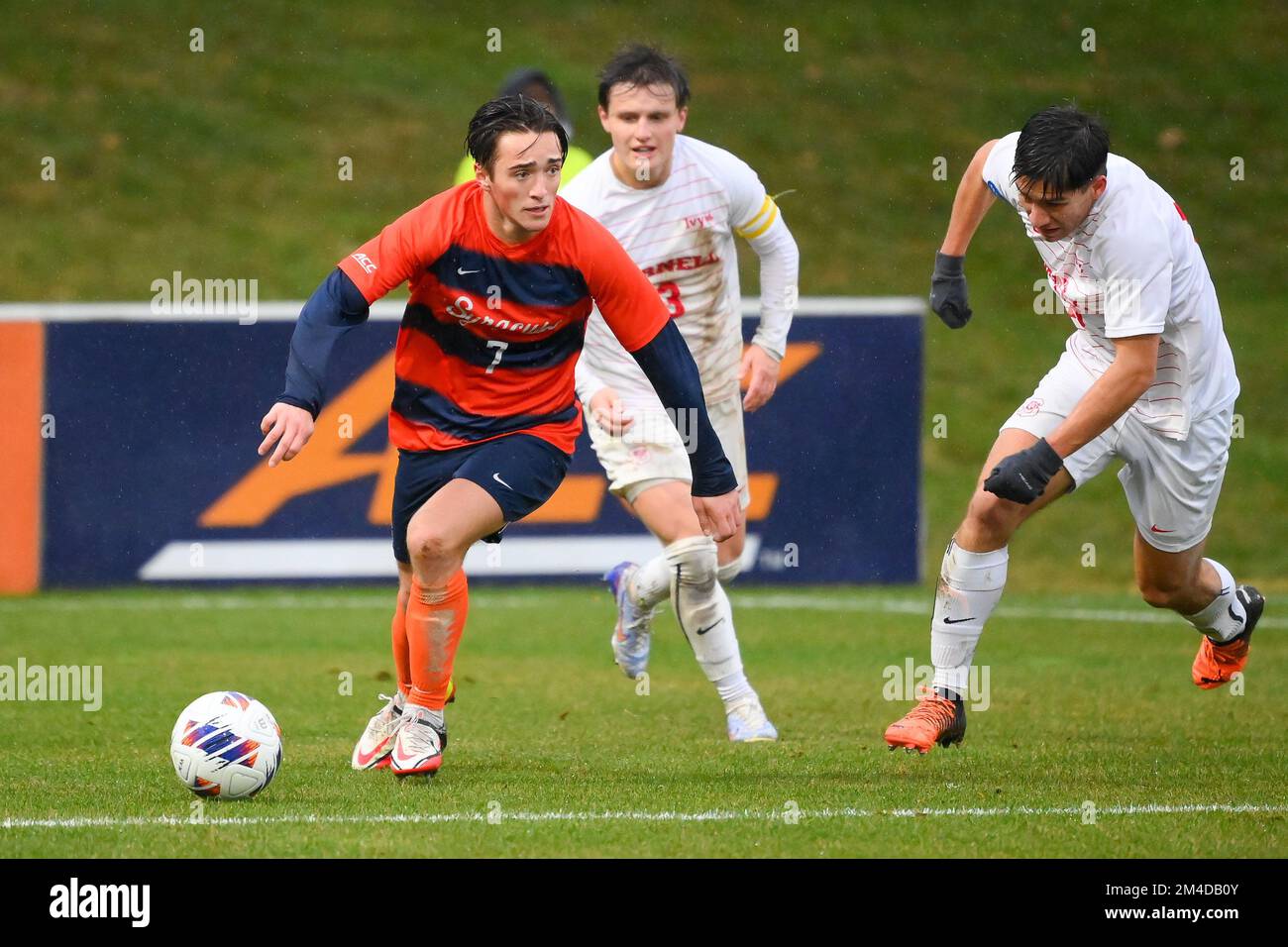 November 27, 2022: Cornell Big Red defender Andrew Johnson (29) heads the  ball against the Syracuse Orange during a third round match of the 2022  NCAA Men's Division I Soccer Championship on