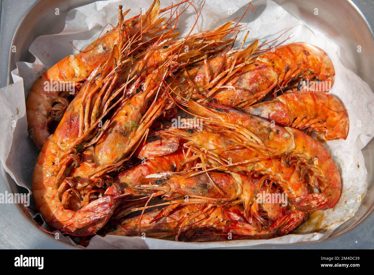 fast food tasty grilled shrimps closeup outdoor Stock Photo