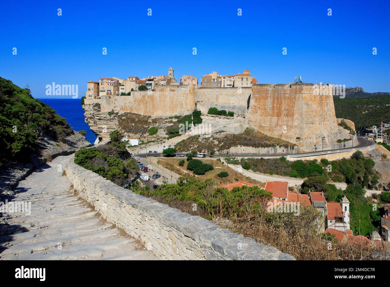 Panoramic view across the medieval citadel of Bonifacio on a beautiful summer morning in Bonifacio (Corse-du-Sud) on the island of Corsica, France Stock Photo