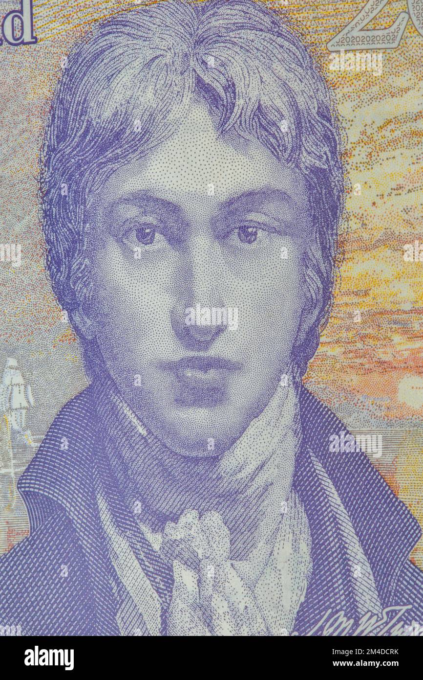 Portrait of English romantic painter, printmaker and watercolourist Joseph Mallord William Turner on British twenty pounds sterling banknote back clos Stock Photo