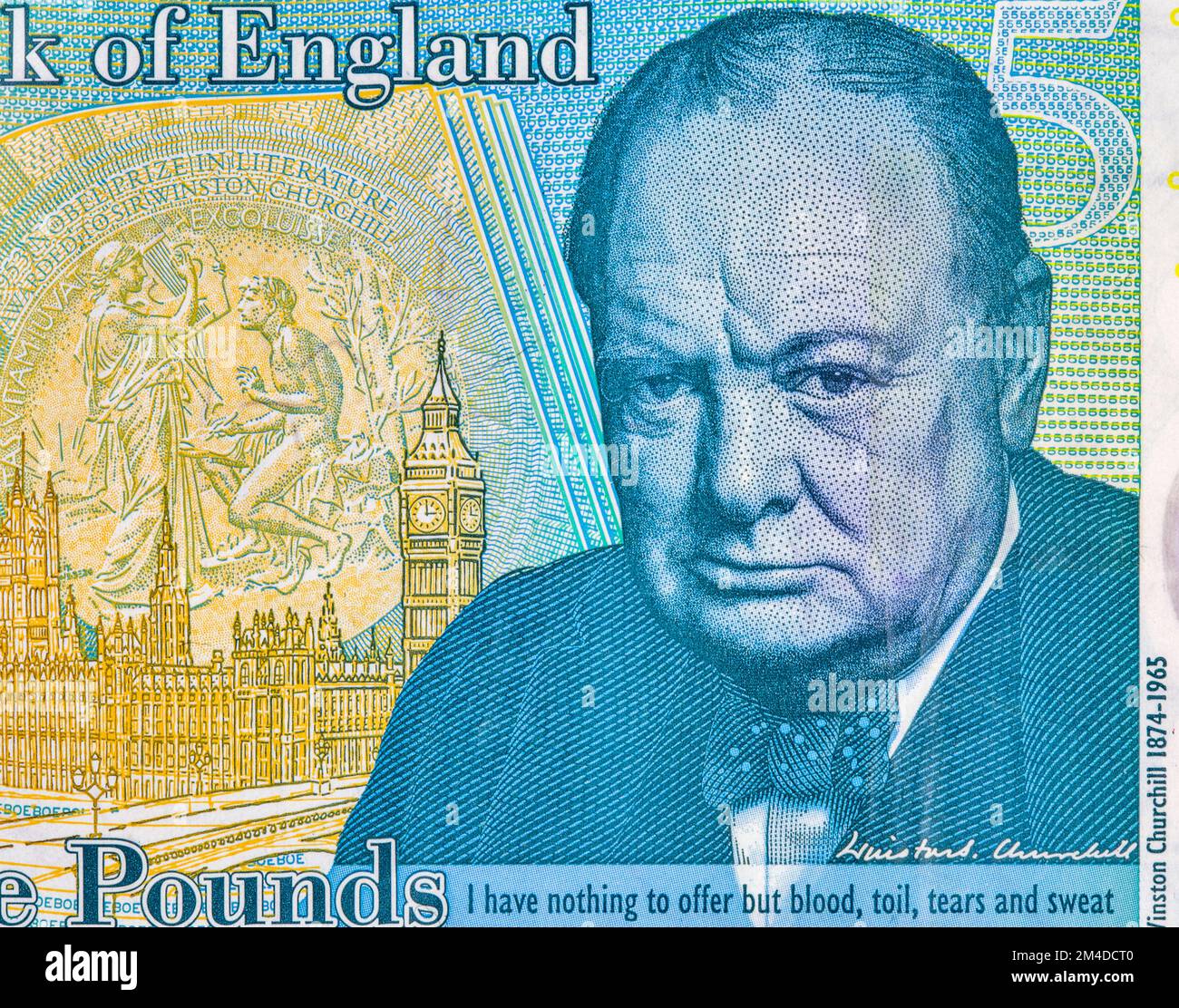 British five pounds sterling banknote closeup. Portrait of Sir Winston Churchill, Prime Minister of the United Kingdom. Stock Photo