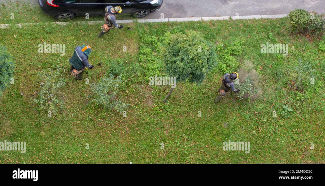 workers mow the grass with a gasoline brushcutter in the city, top view Stock Photo