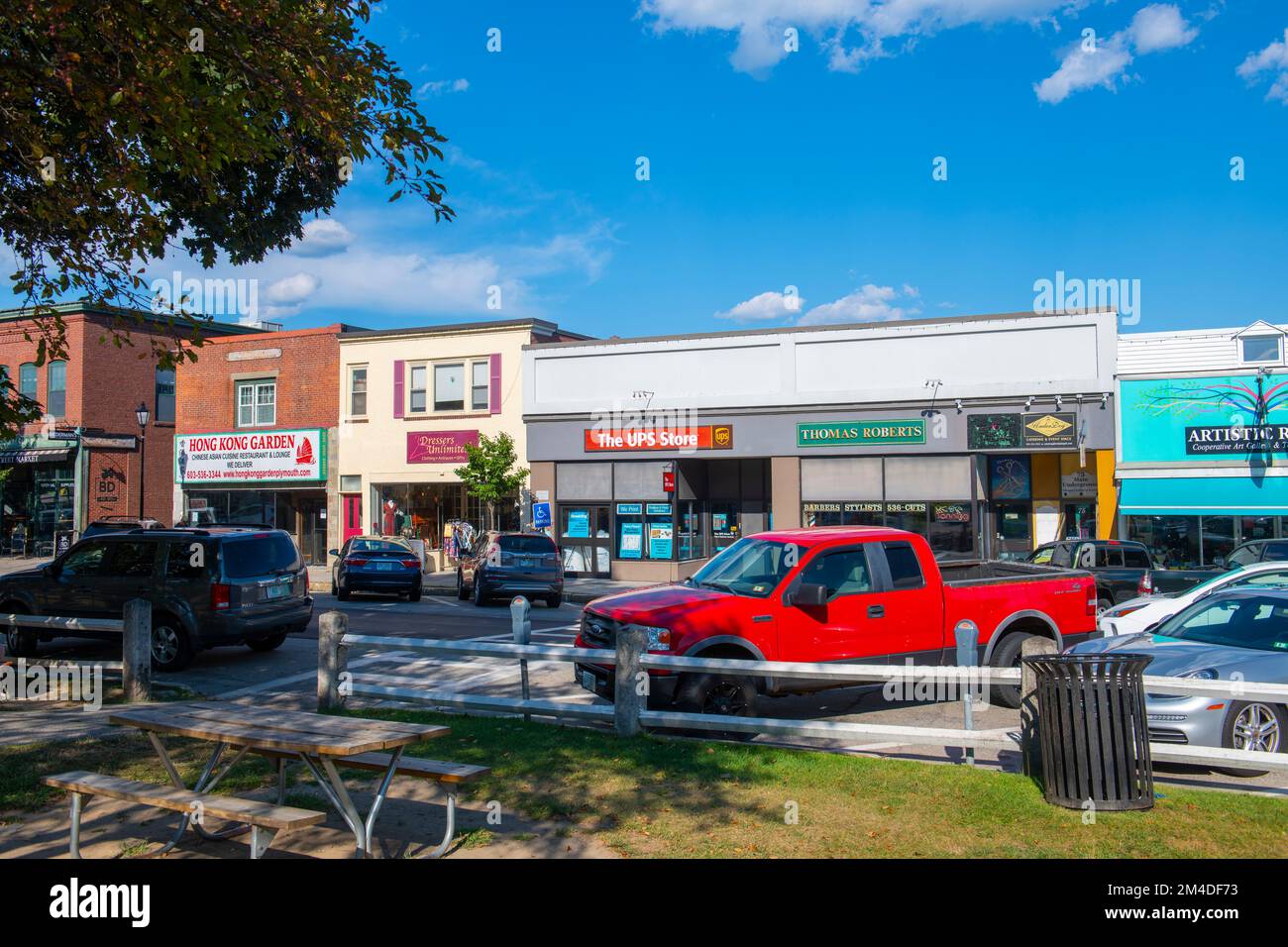 Historic commercial buildings on Main Street in town center of Plymouth