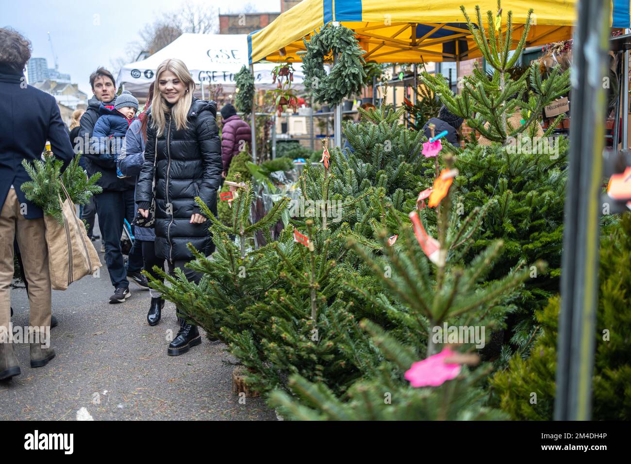 London, Uk - 17 December 2022, Columbia Road Flower Market is a street market. Shoppers choose Christmas trees at the Christmas market Stock Photo