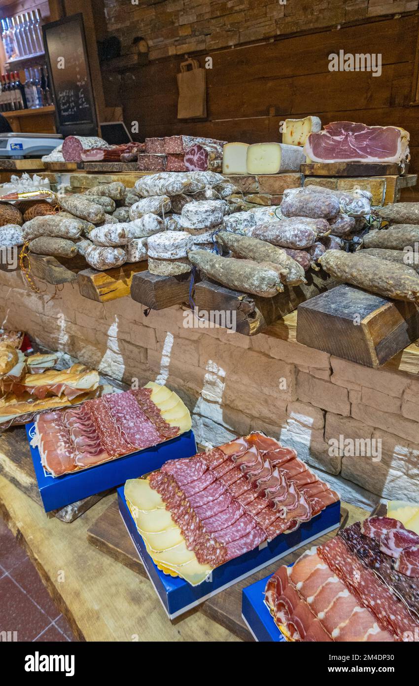 France, Sete, Les Halles de Sete, market, Rue Gambetta, sausage and ham vendor Stock Photo