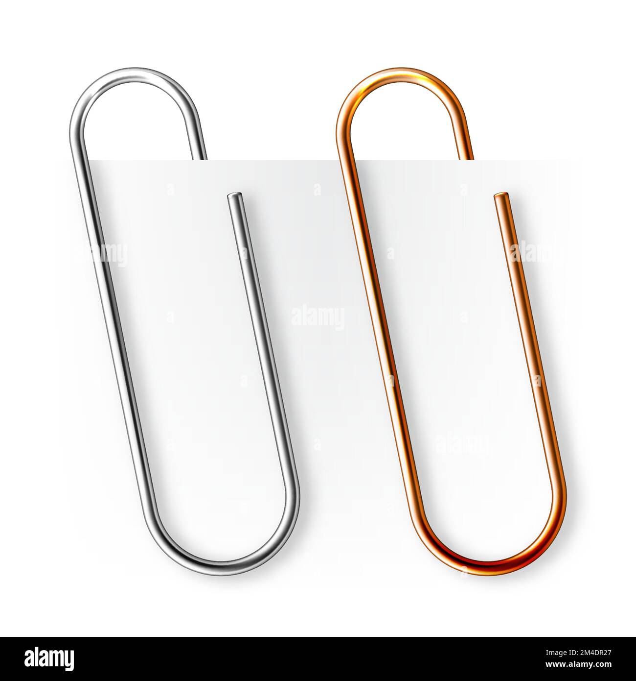 Realistic copper and steel paperclips attached to paper isolated on