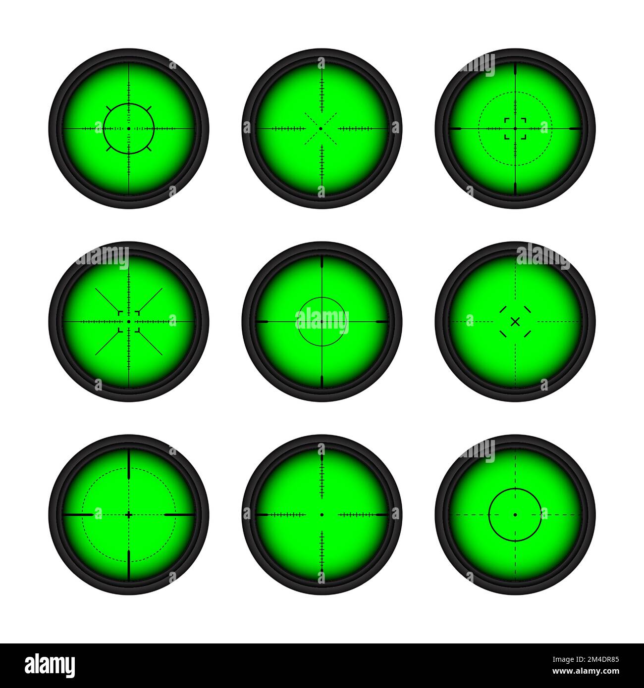 Various weapon night sights, sniper rifle optical scopes. Hunting gun