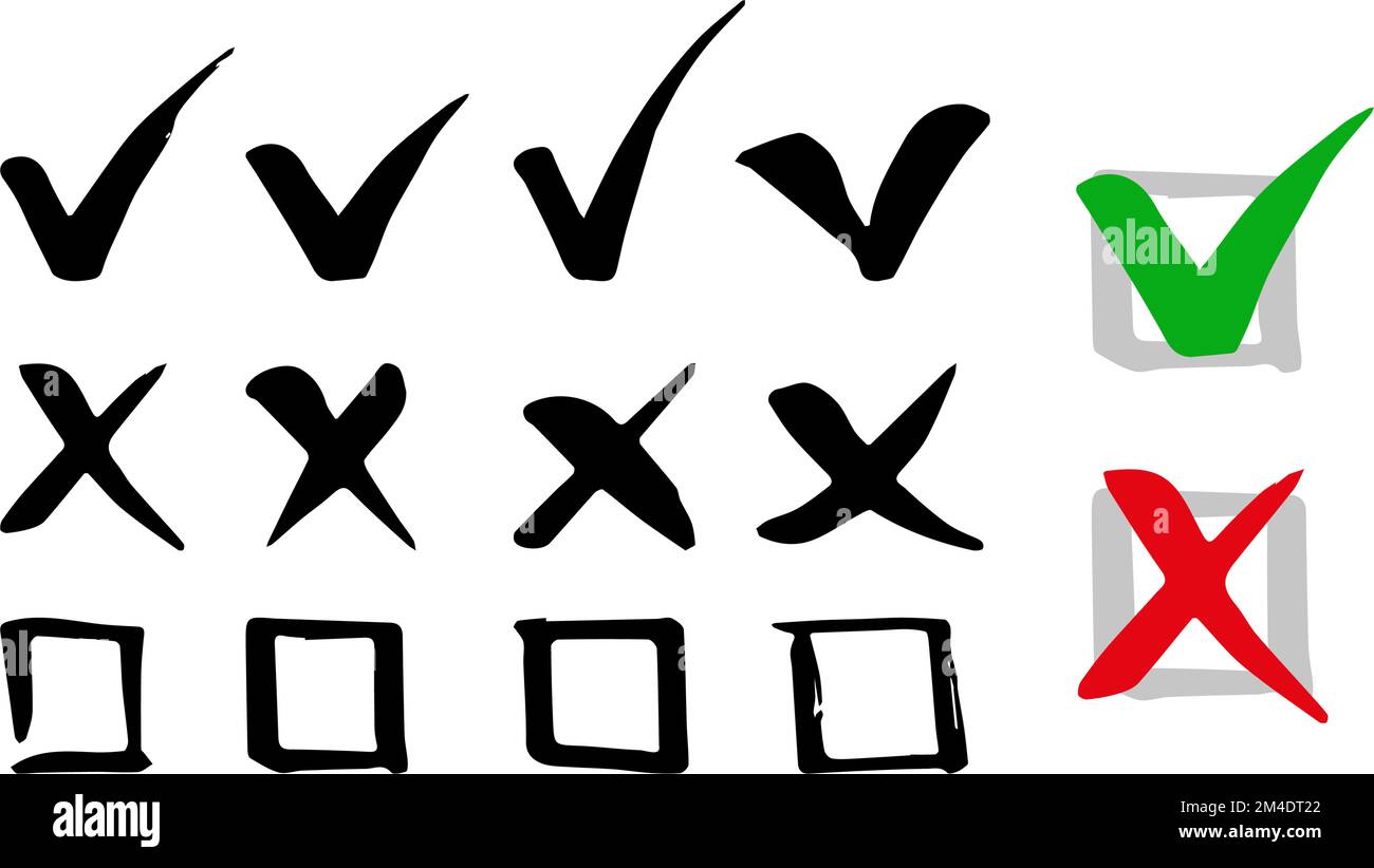Hand drawn Check mark and cross symbol buttons. Vector illustration. Flat Stock Vector Image