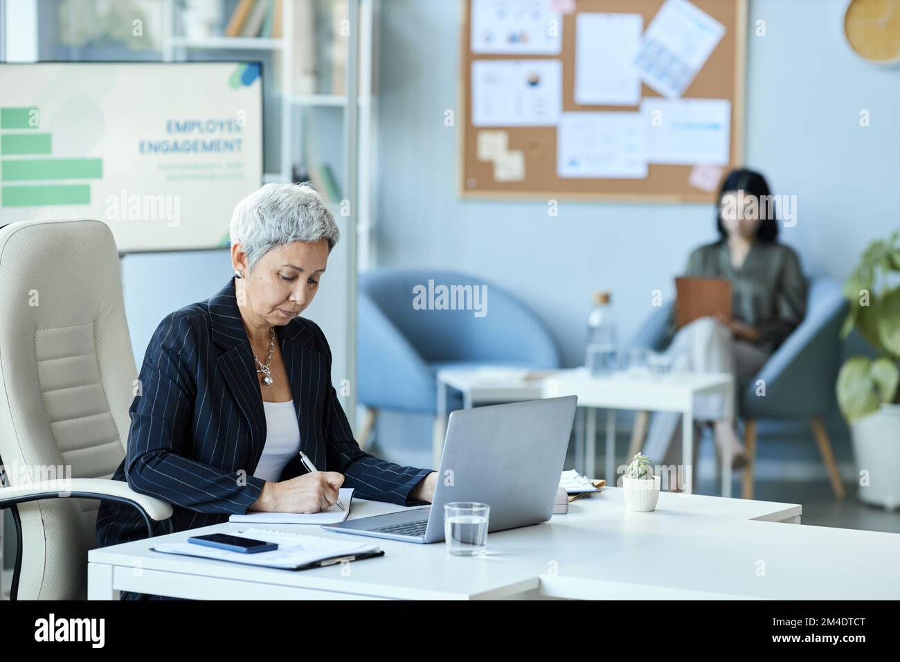 Side view portrait of senior woman as female boss sitting at workplace in office and using laptop, copy space Stock Photo