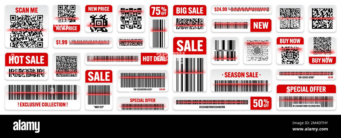 Product barcodes and QR codes with red scanning line. Sale stickers