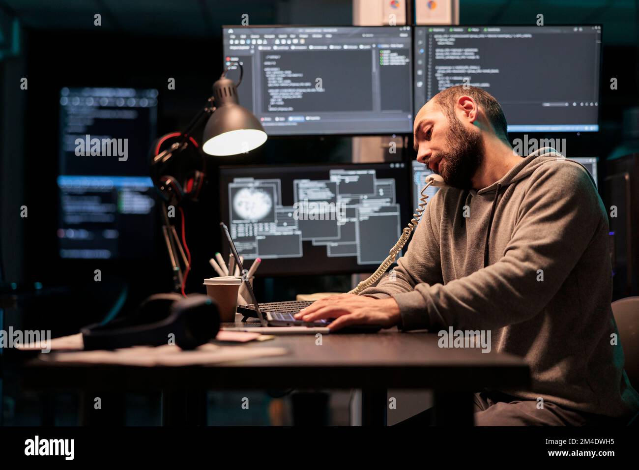 Software engineer talking on landline phone call after hours, answering  office cord telephone to program code on terminal window. Database admin  using phone line to develop new interface Stock Photo - Alamy