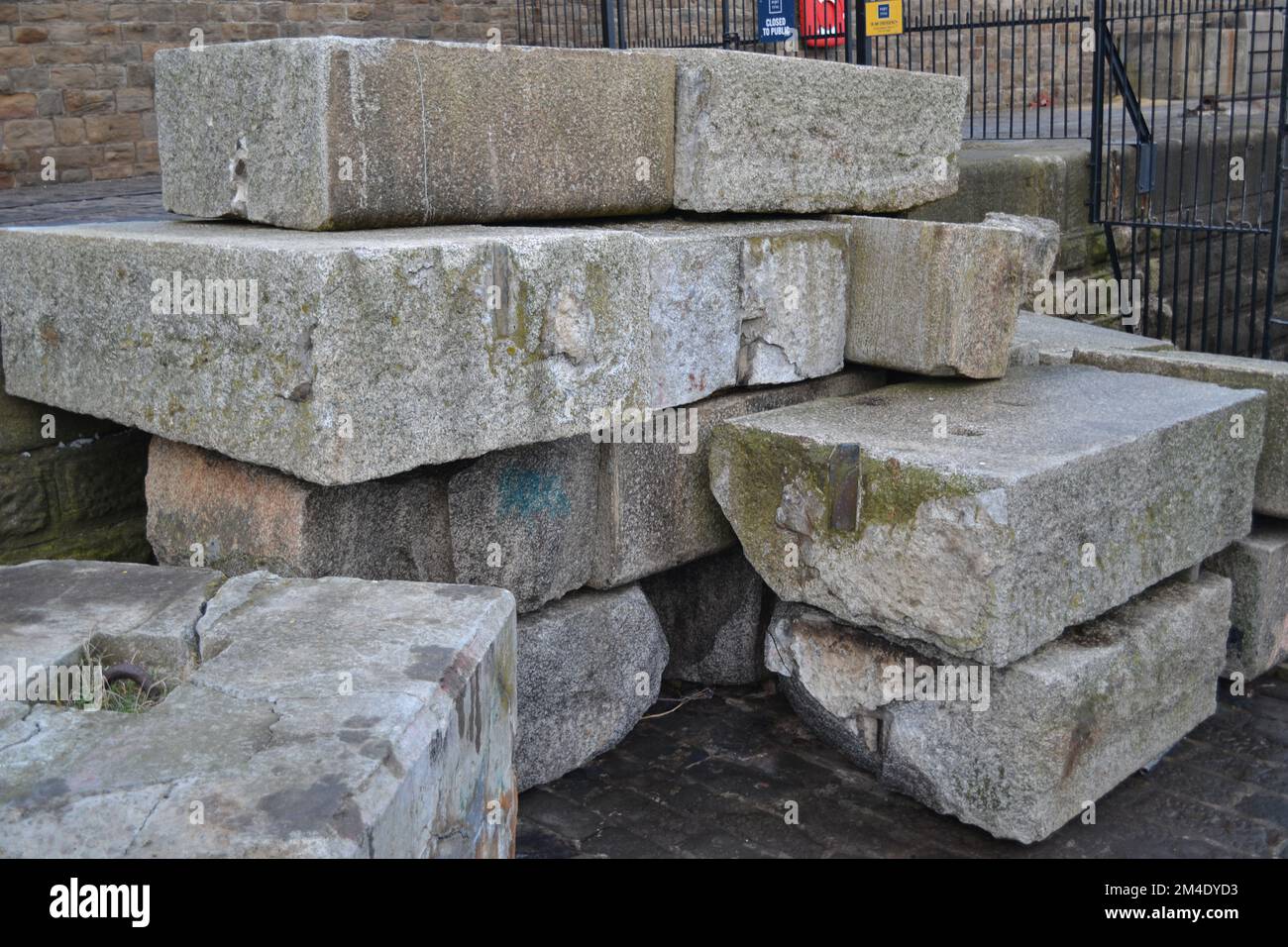 Large stack of Concrete building blocks at the base of the North Pier in  Tynemouth. Stock Photo