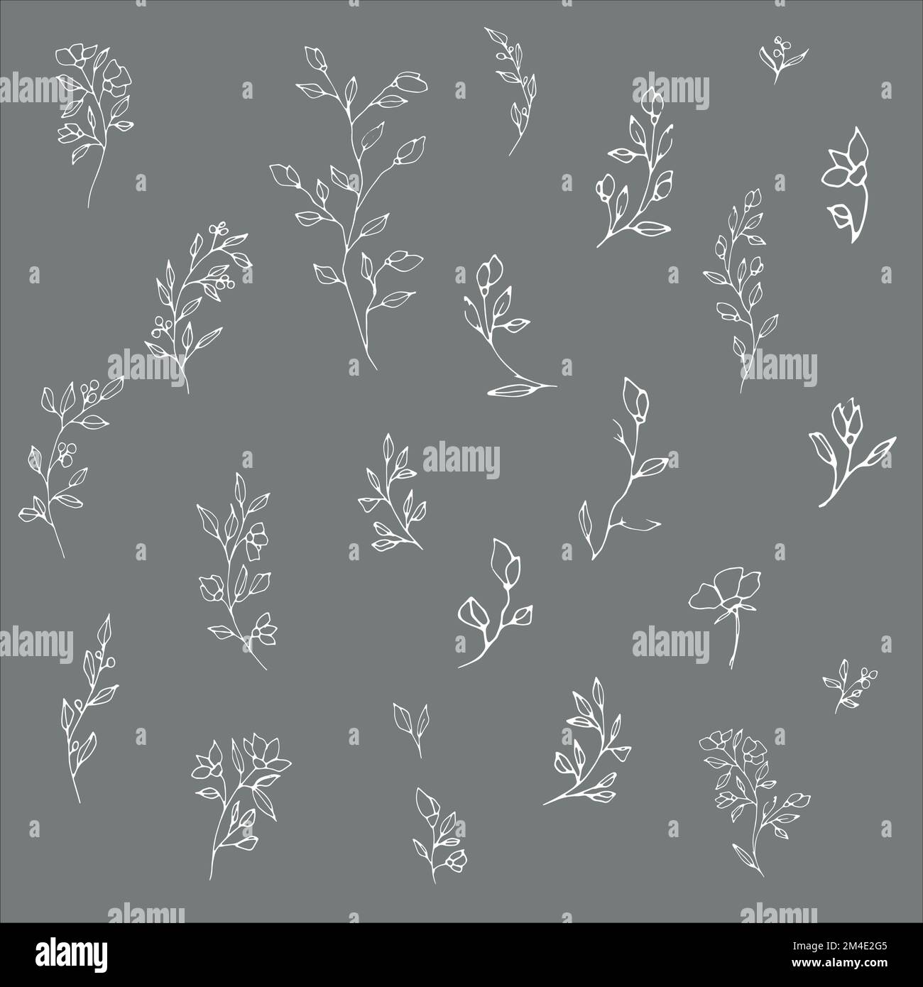 Set of white graphic vector plant branches with flowers. buds and ...