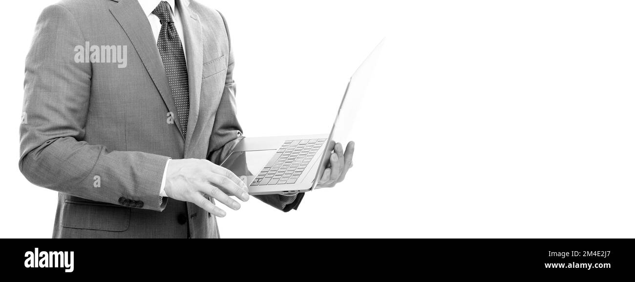 agile business. network administrator hold computer. boss with modern wireless laptop. Stock Photo