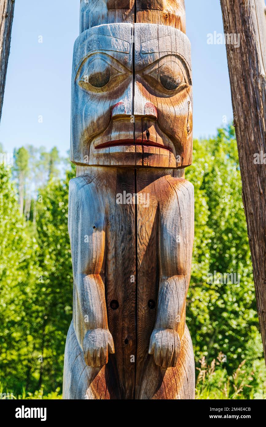 Hand carved cedar totem poles; Gitanyow Kitwancool Historic Village