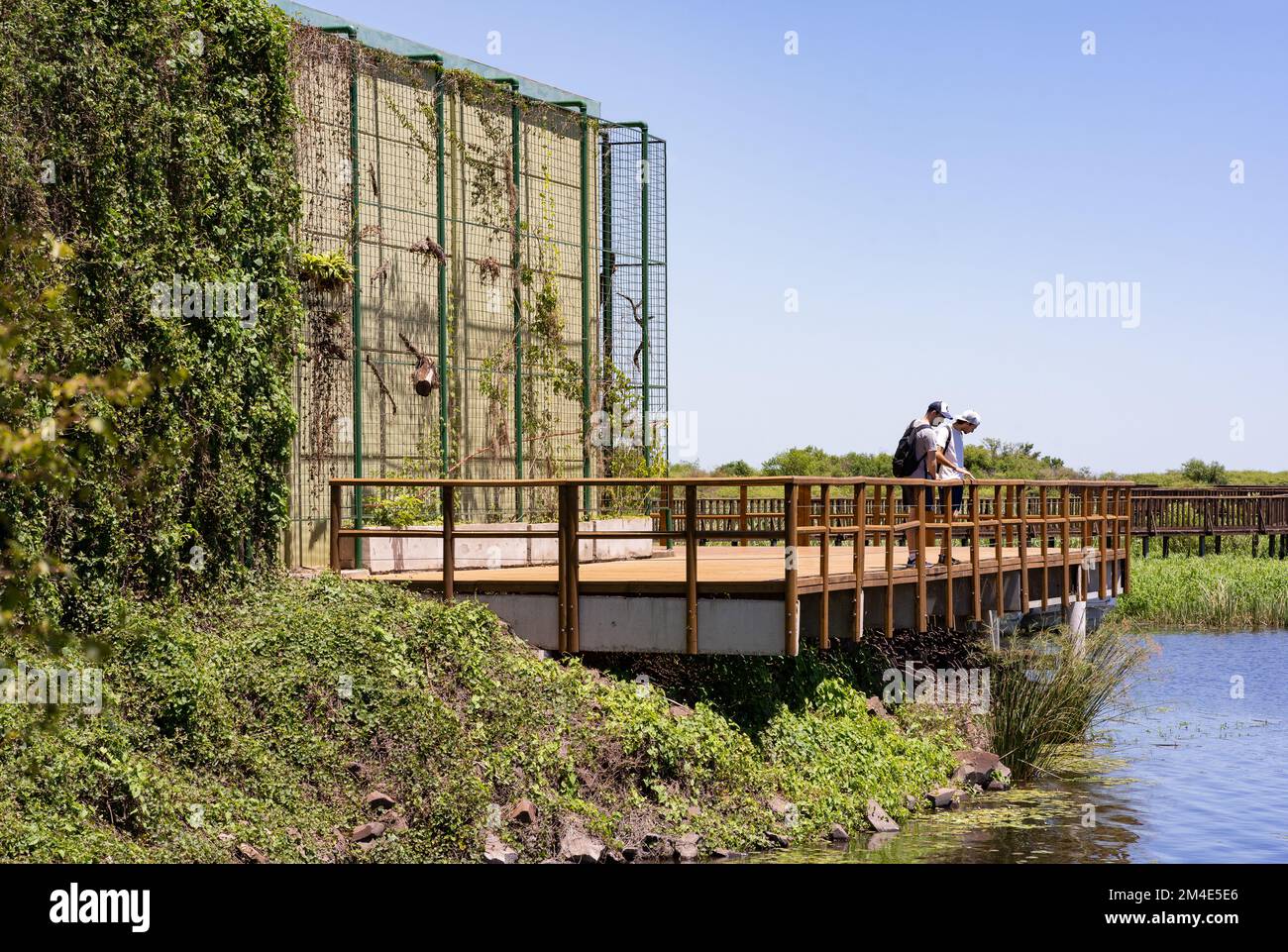 COLONIA CARLOS PELLEGRINI, CORRIENTES, ARGENTINA - NOVEMBER 20, 2021: Two tourists observe the wildlife on the wooden walkway of the center of interpr Stock Photo