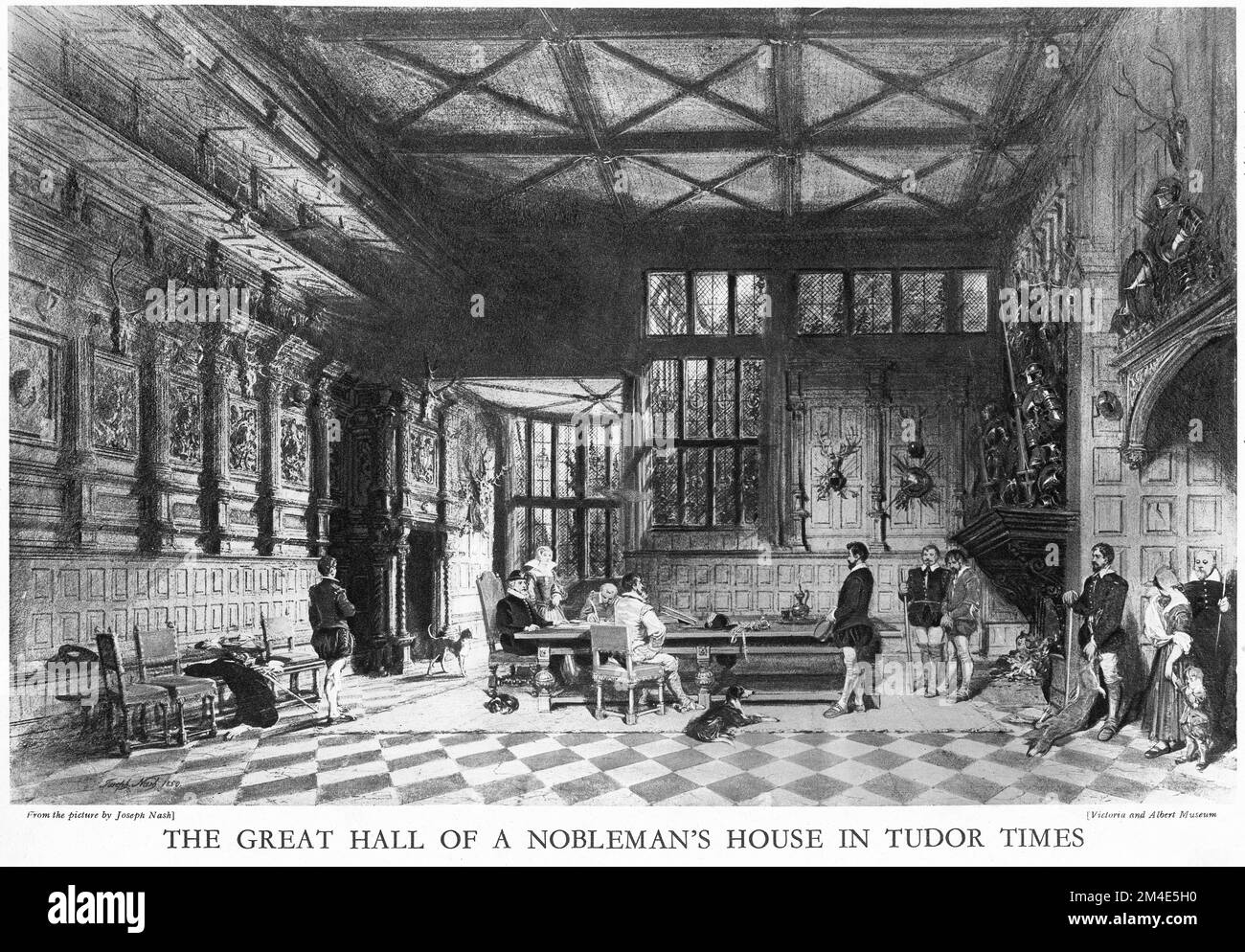Halftone of the great hall of a nobleman's house in Tudor times, from an educational publication in 1927. Stock Photo