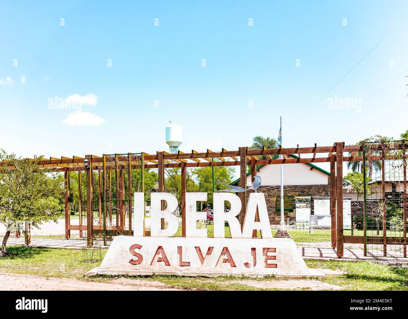COLONIA CARLOS PELLEGRINI, CORRIENTES, ARGENTINA - NOVEMBER 19, 2021: Big sign with the copy 'Ibera Salvaje' (Wild Ibera) belong to the center of inte Stock Photo