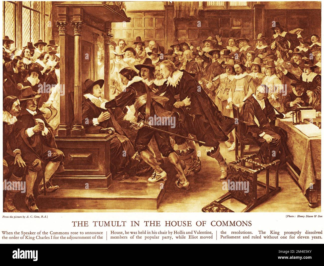 Halftone of a tumult in the House of Commons in the days of Charles I, from an educational publication in 1927. These events led to the Civil War which ended in Charles being tried, condemned, and executed. Stock Photo
