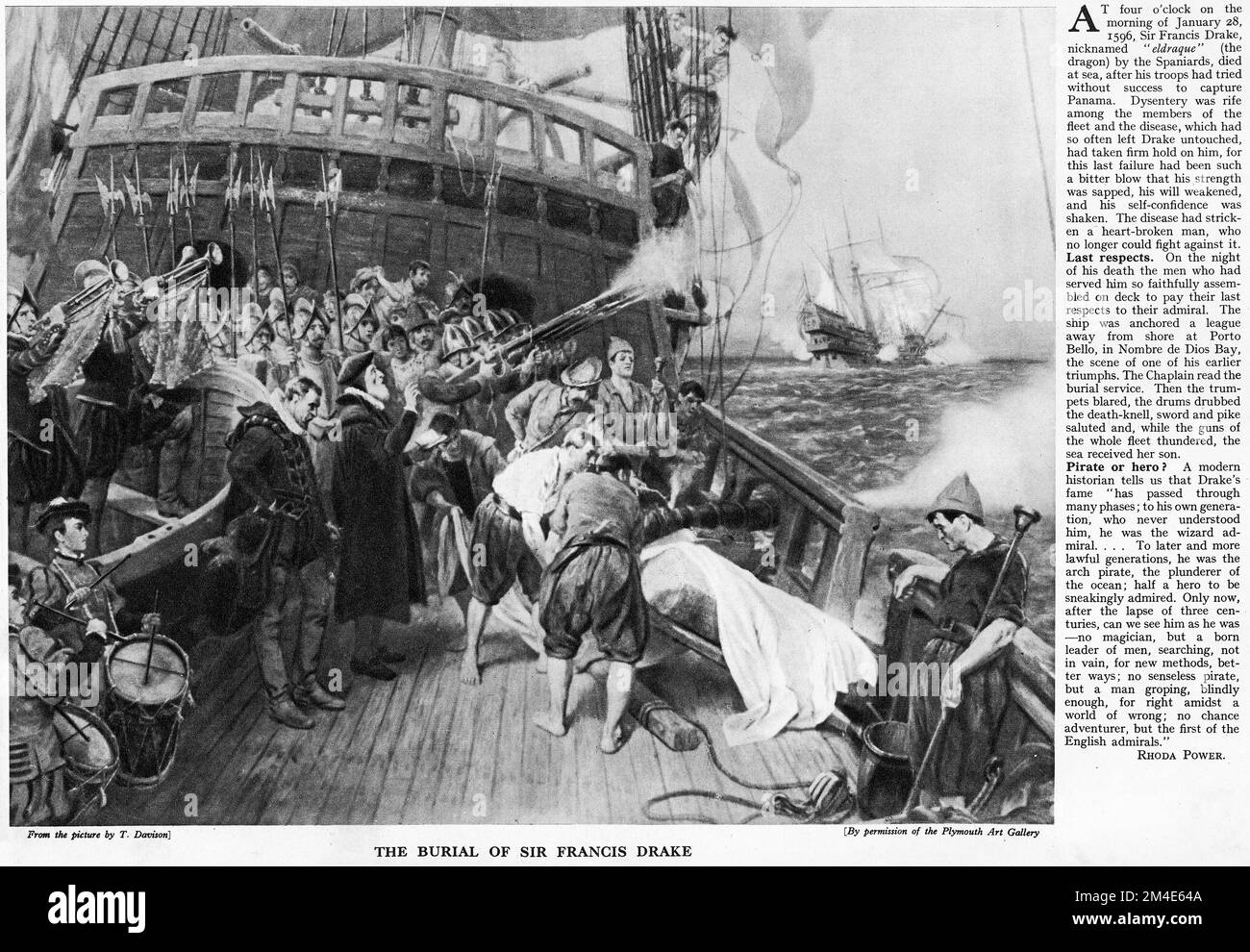 Halftone of the burial of Sir Francis Drake at sea, from an educational publication in 1927. Stock Photo
