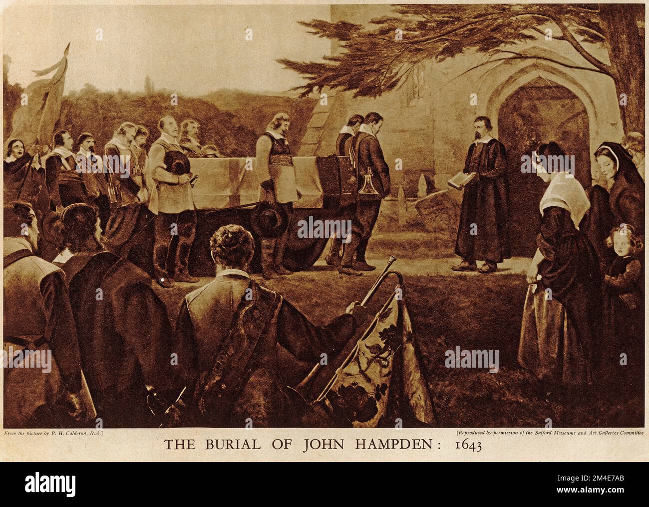 Halftone of the burial of John Hampden, from an educational publication in 1927.  John Hampden was an English landowner and politician whose opposition to arbitrary taxes imposed by Charles I made him a national figure. An ally of Parliamentarian leader John Pym, and cousin to Oliver Cromwell, he was one of the Five Members whose attempted arrest in January 1642 sparked the First English Civil War. Stock Photo