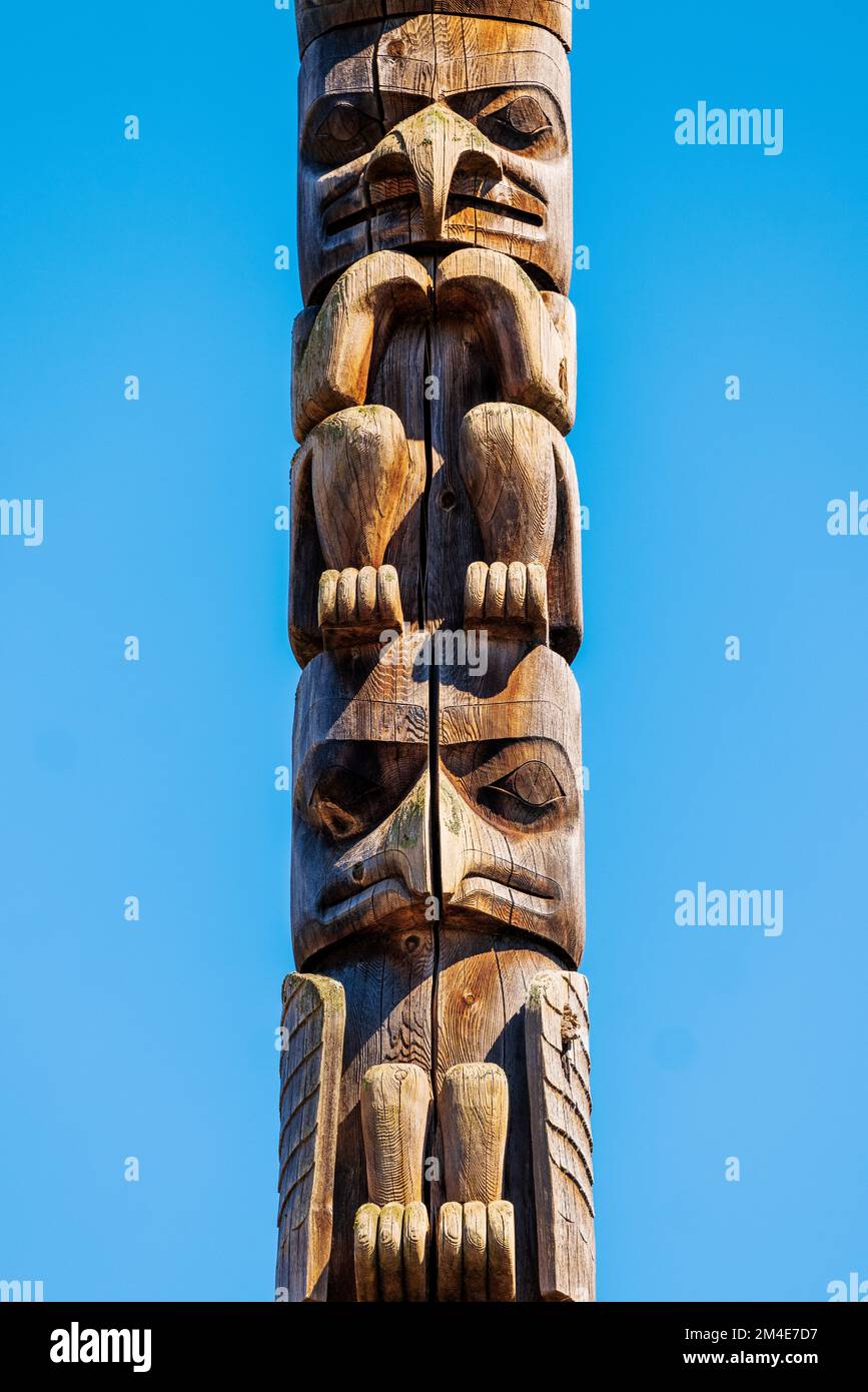 Hand carved cedar totem poles; Gitanyow - Kitwancool Historic Village & Interpretive Center; Gitanyow; British Columbia; Canada Stock Photo