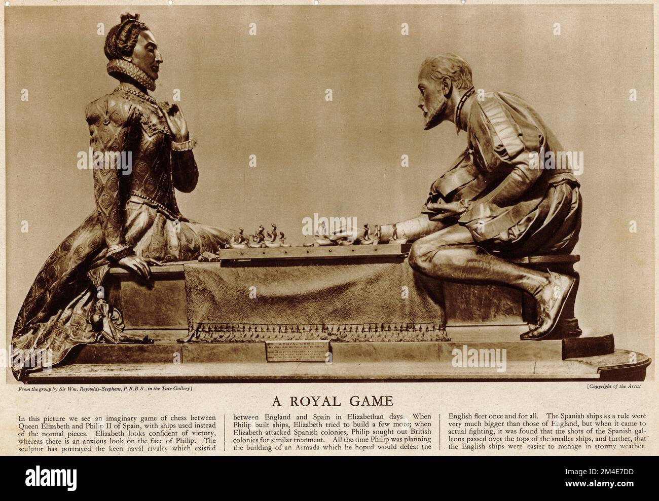 Halftone of Queen Elizabeth in an imaginary game of chess with Philip II of Spain, from an educational publication in 1927. Stock Photo
